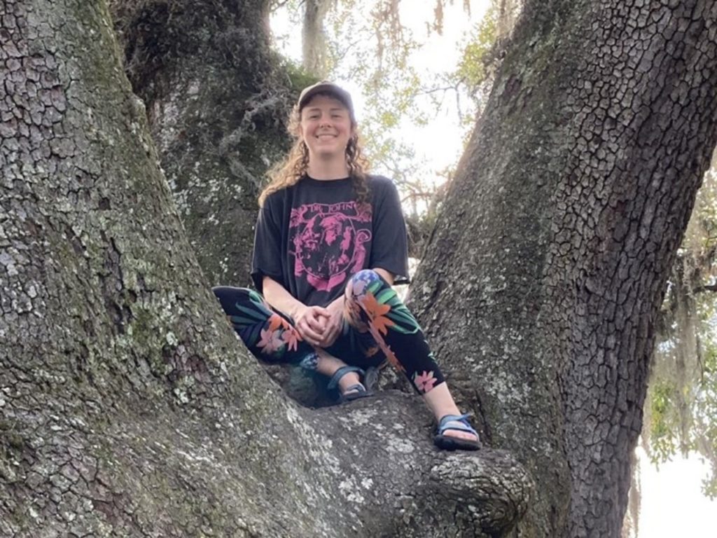 A woman wearing a black and pink shirt and a baseball hat sits in a large tree.