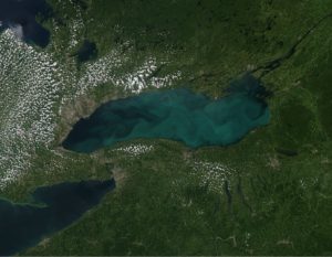 Aerial view of an algal bloom in Lake Ontario.