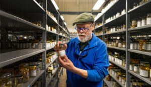 Bud Freeman holds a specimen jar among storage shelves in the Georgia Museum of Natural History.