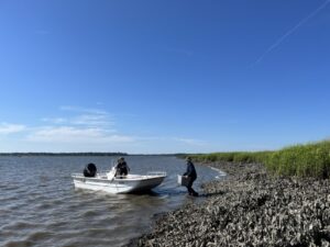 Two people loading oysters onto boat from the bank of the Little Ogeechee River.