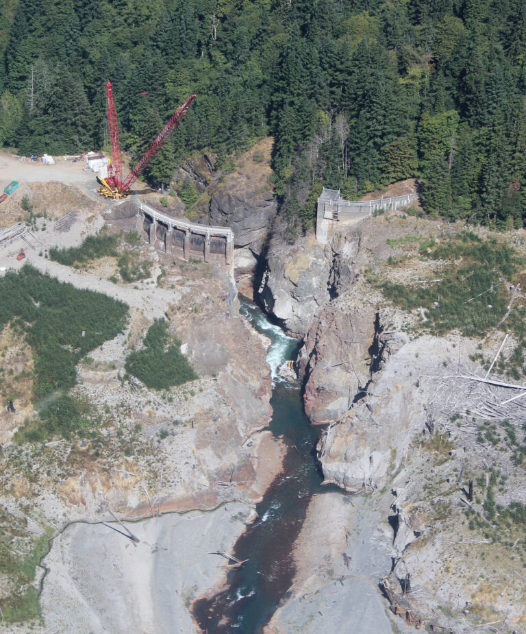 An aerial image of a dam and canyon.