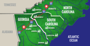 A map of the I-95 corridor through Georgia, South Carolina, and North Carolina.