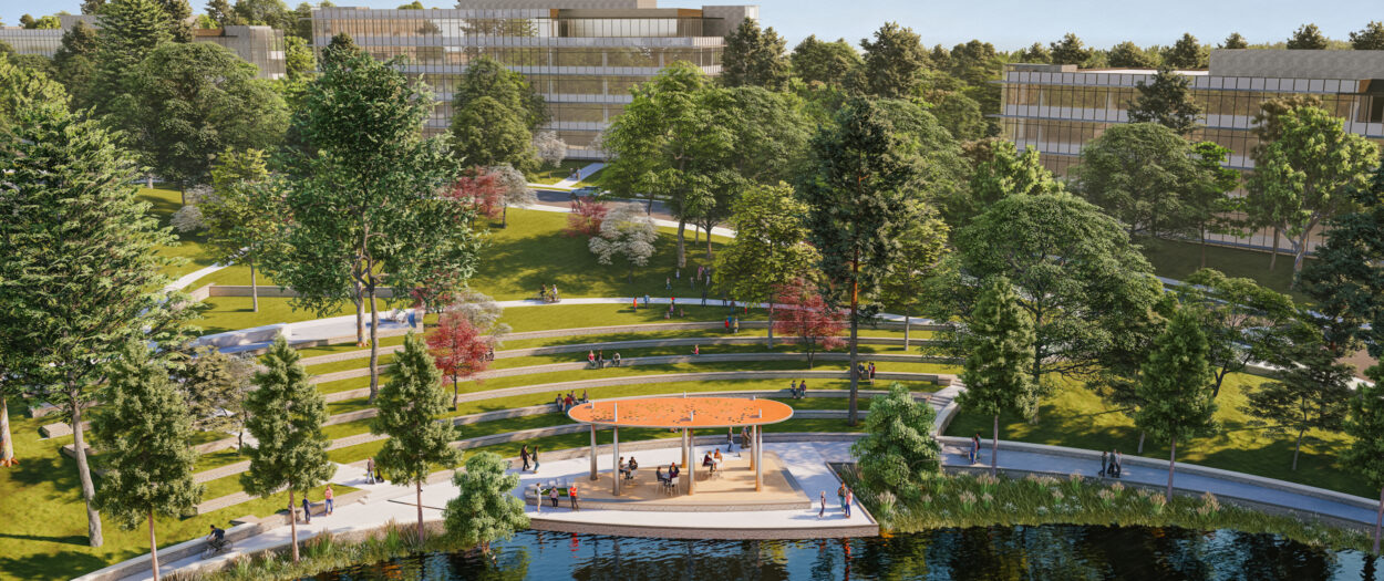 Illustration of proposed Rowen development, showing buildings, trees, outdoor amphitheater, and lake.