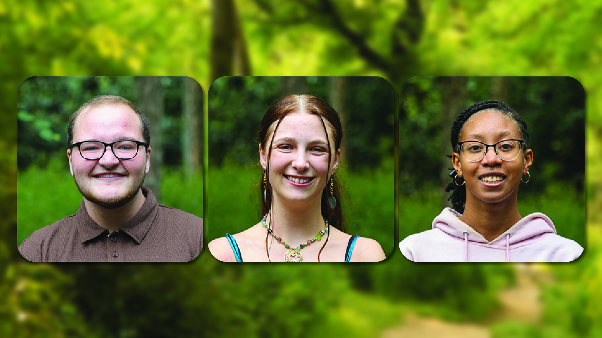 Portraits of Spencer Fellows Devon Locke (left), Tre’Shur Williams-Carter (right) and Butler Fellow Isabelle “Bell” Scherick (center).